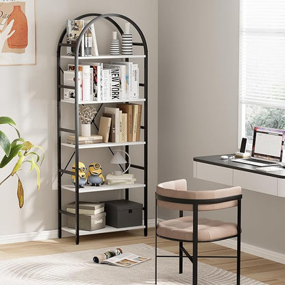 5-Tier Bookshelf, 24 Inch Width Industrial Arched Bookcase, Vintage Storage Rack with Open Shelves, Free Standing Shelf for Home Office, Living Room,Bedroom, Black & White