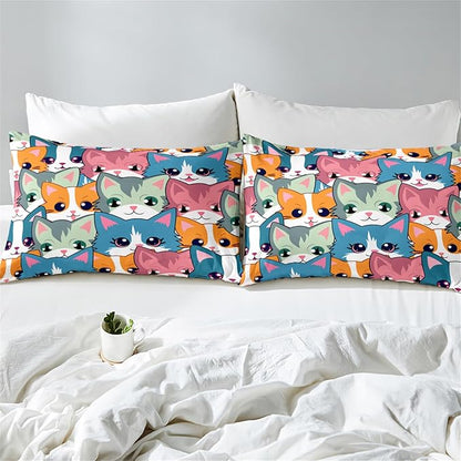 Neon Cats Bedding Set for Girls - Full Size Cartoon Cats Comforter Set for Girls Room Black Cats Pattern Girls Full Size Bedding Set Soft Breathable Cats Comforter with 2 Pillowcases for All-Season