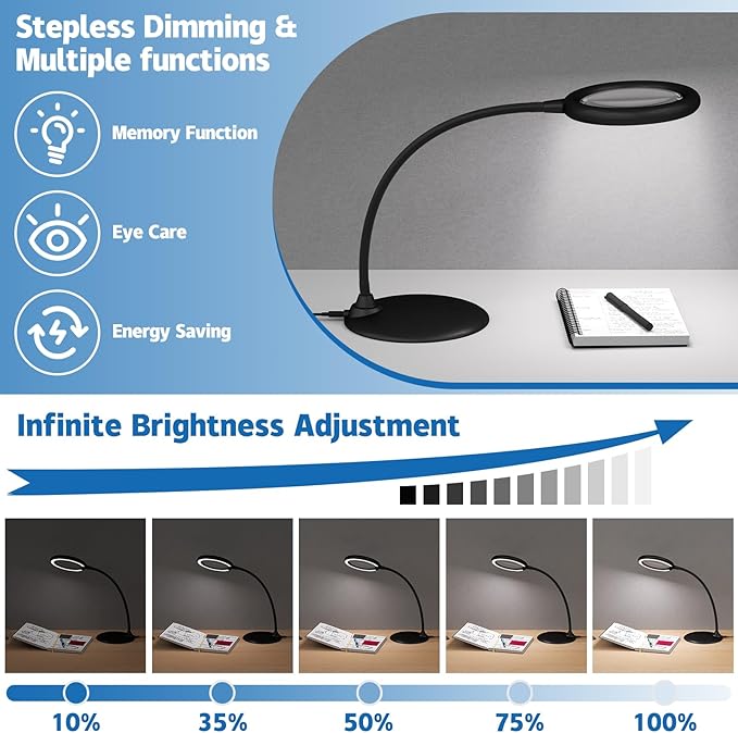 Magnifying Glass with Light and Stand, 5X Desk Magnifying Desk Lamp, Table Magnifier Lamp for Senior Close Work Reading Crafts