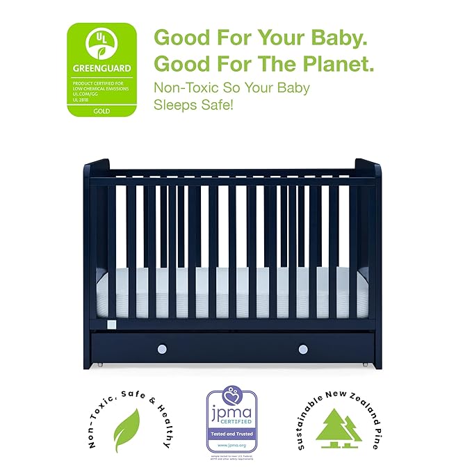 Delta Children babyGap Graham 4-in-1 Convertible Crib with Storage Drawer + Brannan Bear Bookcase with Bins + Brannan Bear Wall Shelf with 4 Hooks, Navy/Light Blue (Bundle)