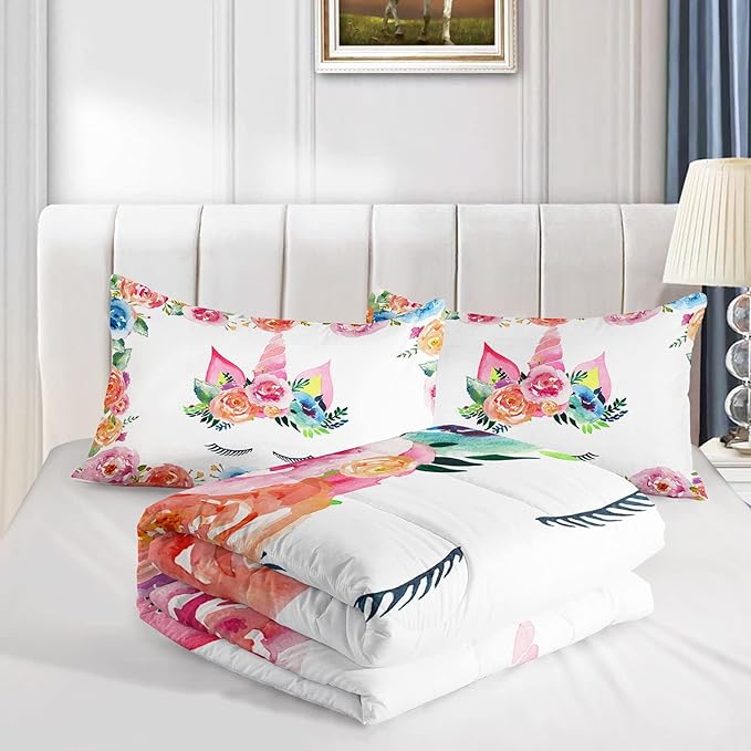 Datura home Unicorn Floral Watercolor Flower Comforter Bedding Set for Girls Teens Adults,Colorful Lovely Roses Blooms Print Design Unicorn Bedding Set(Unicorn Full)