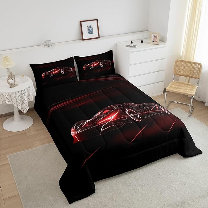 Feelyou Red Race Car Bedding Set King Size for Kids Boys Extreme Sport Games Comforter Set Teens Toddler Fast and Furious Duvet Set Cool Modern Quilt Set 3Pcs