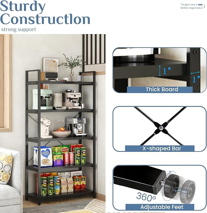 Tall Bookshelf with Large Storage,5 Tier Bookcase in Bedroom,Living Room and Office,Modern Wide Bookcase Shelf for Storing Books/Plants,Black