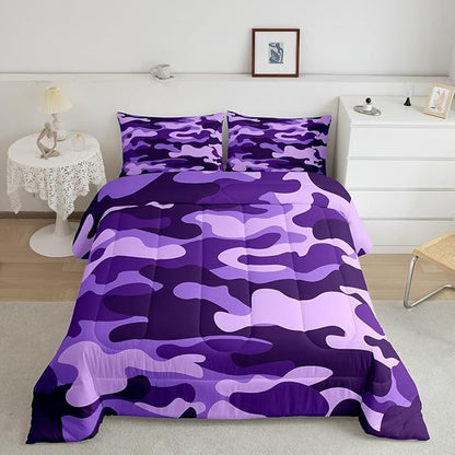 Queen Size Camouflage Comforter Set 3Pcs Kids Bedding Set for Boys Girls Teens 1 Comforter & 2 Pillowcases(Queen,Purple) Boys