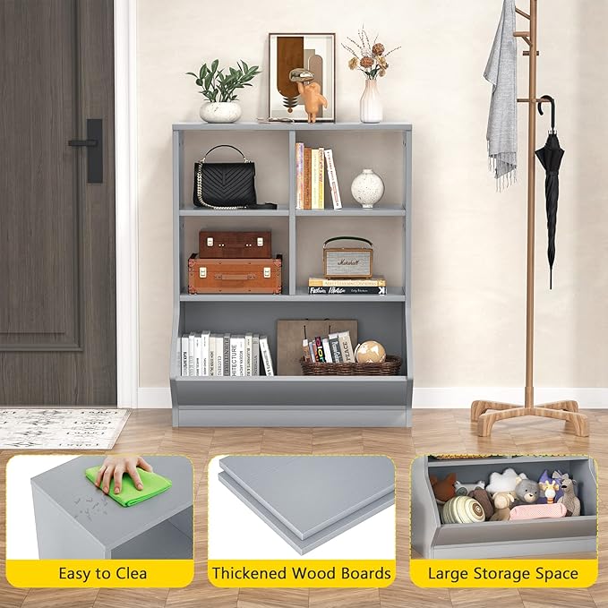 Aheaplus Toy Storage Organizer with Bookcase, 3 Cubby Bookshelf Toy Storage Cabinet, Open Multi-Bins Toys&Books Storage Display Organizer for Playroom, Bedroom, Nursery, School, Grey
