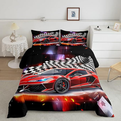 Feelyou Speed Sports Car Comforter Set Full Size Extreme Sports Bedding Set for Kids Boys Girls Decor Red Comforter Microfiber Checkerboard Quilt Set Bedroom Bedclothes…