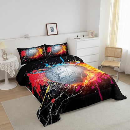 Erosebridal Kids Volleyball Comforter Set for Teen Girls Boys Volleyball Bedding Set Full Grunge Hippie Tie Dye Bedding Comforter Red Blue Fire Water Lightning Quilt Duvet Insert 2 Pillow Cases