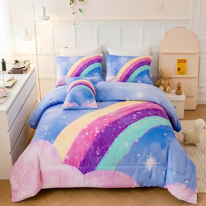 Sky Blue Teen Rainbow Comforter Set Queen Size for Girls, 6 Pieces Galaxy Gradient Bed in A Bag, 3D Galaxy Kids Bedding Comforter Sets with Comforter, Sheets and Pillowcases