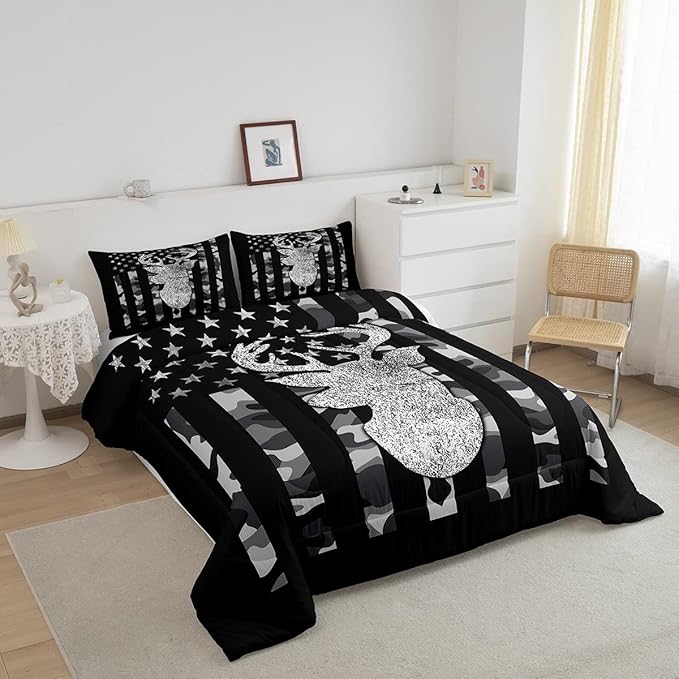 American Flag Bedding Set Deer Camo Comforter Set Queen For Kids Boys Teen Man,Western Rustic Black Grey Military Camouflage Bedding Comforters Hunting Deer Antlers Quilt Duvet For All Season 3 Pcs