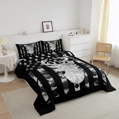 American Flag Bedding Set Deer Camo Comforter Set King for Kids Boys Teen Man,Western Rustic Black Grey Military Camouflage Bedding Comforters Hunting Deer Antlers Quilt Duvet for All Season 3 Pcs