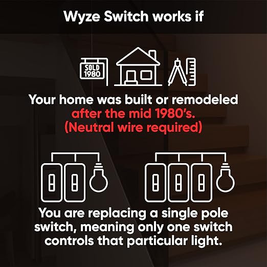 Wyze Switch, 2.4 GHz WiFi Smart Light Switch, Single-Pole, Needs Neutral Wire, Compatible with Alexa, Google Assistant, and IFTTT, No Hub Required, 1-Pack, White