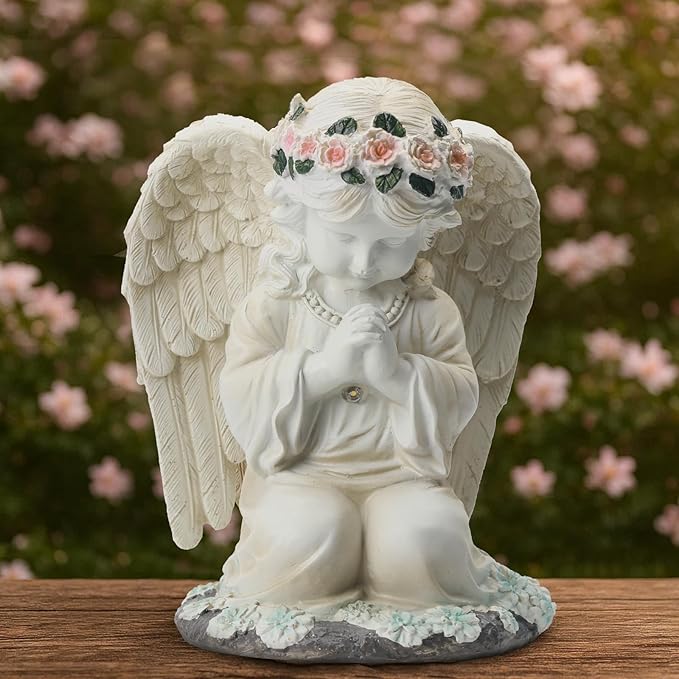 Solar Angel Prayer Statue, Memory Guardian Garden Decor with Warm Light - Religious Outdoor Decor, Auto On/Off LED Light, Memorial Gift for Cemetery, Patio & Gravesite