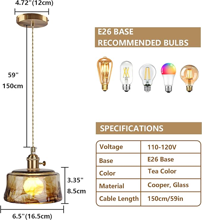 Sedelan Galss Pendant Light, Vintage Pendant Lights Kitchen Island Adjustable Tea Color-Amber Hanging Light Fixture for Living Room Dining Room Bedroom E26
