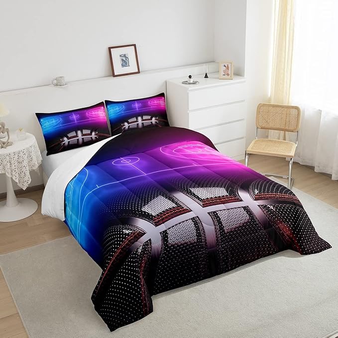 Erosebridal Sports Basketball Comforter Set for Boys Girls Neon Basketball Court Bedding Set King,Kids Ball Competitive Games Comforter Soft Lightweight Quilt Duvet Set 2 Pillow Cases Bedroom Decor