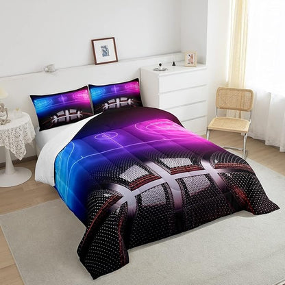 Erosebridal Sports Basketball Comforter Set for Boys Girls Neon Basketball Court Bedding Set King,Kids Ball Competitive Games Comforter Soft Lightweight Quilt Duvet Set 2 Pillow Cases Bedroom Decor