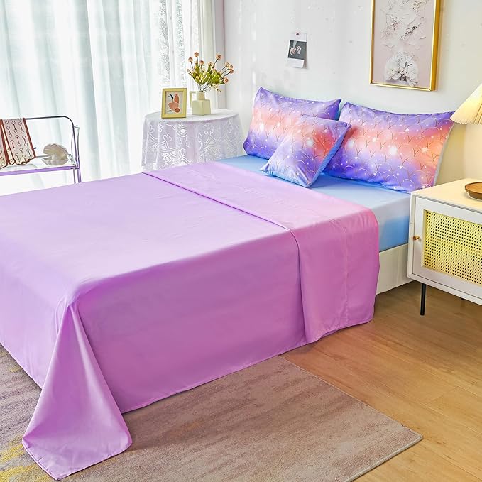 PERFEMET Full Size Mermaid Comforter Sets 6 Pieces Purple Ombre Girls Bedding Sets Tie Dye Rainbow Glitter Bed in A Bag for Kids Teens Girls Women
