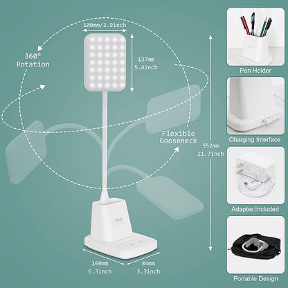 Sailstar Upgraded LED Desk Lamp with Wireless Charger, White Small Desk Light with Pen Holder, 3 Color Modes, CRI 85, 800 Lumen, Study Lamps for College Dorm Room, Home Office, Adapter Included