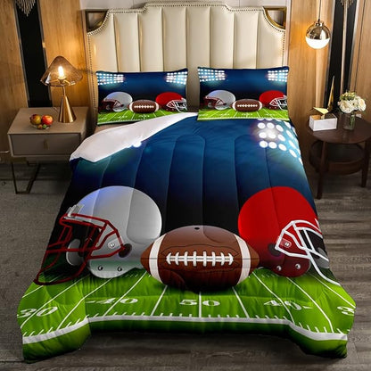American Football Comforter Set King,Boys Ball Games Sports Bedding Set Football Helmet Field Down Comforter For Kids Teens Sport Theme Bedroom,Soft Microfiber Quilt Duvet Sets With 2 Pillow Cases
