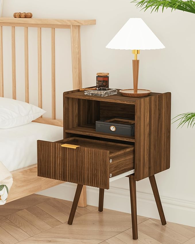 Nightstand,Modern Bedside Table with Storage Drawer and Open Wood Shelf, Accent Night Stand with Solid Wood Legs for Living Room, Bedroom and Small Spaces,Easy Assembly (Walnut Brown)
