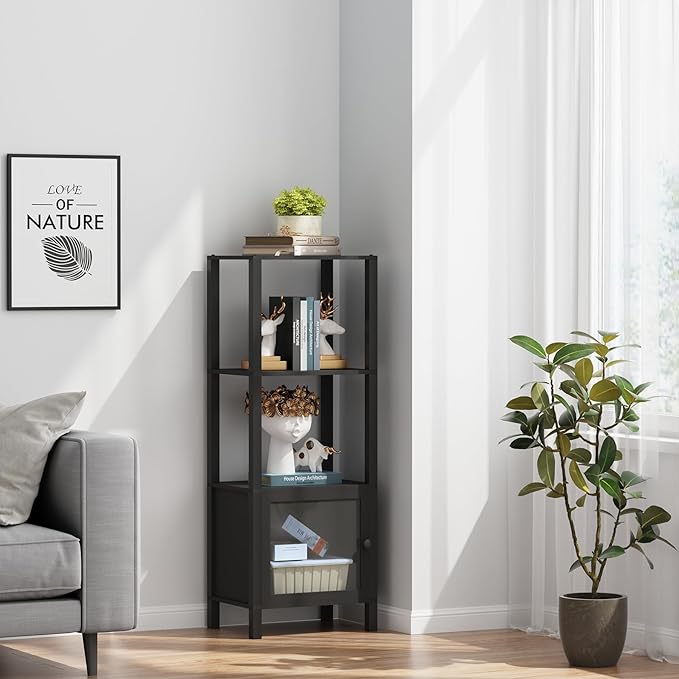 TUTOTAK 4 Tier Bookcase and Bookshelf, Narrow Book shelf with Door for Small Space, for Living Room, Office, Study, Entryway, Black BS03BK004