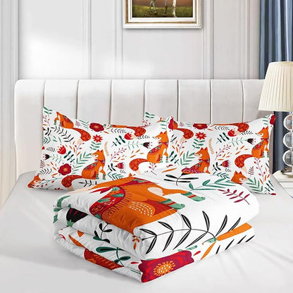 Cartoon Fox Comforter Set 3-Pieces Cute Fox Bedding Set Plants Leaves Printed Quilt Set for Kids Boys Girls with 2 Pillowcases Queen