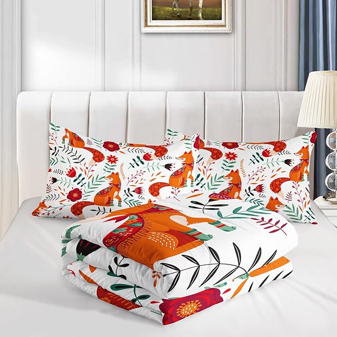 Cartoon Fox Comforter Set 3-Pieces Cute Fox Bedding Set Plants Leaves Printed Quilt Set for Kids Boys Girls with 2 Pillowcases Full