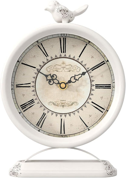 Vintage Table Clock with Bird, European Antique Style White Mantel Clocks, Desk and Shelf Decor Clock, for Farmhouse, Bedside, Living Room, Bedroom, Gift (9" H x 6.5" W)