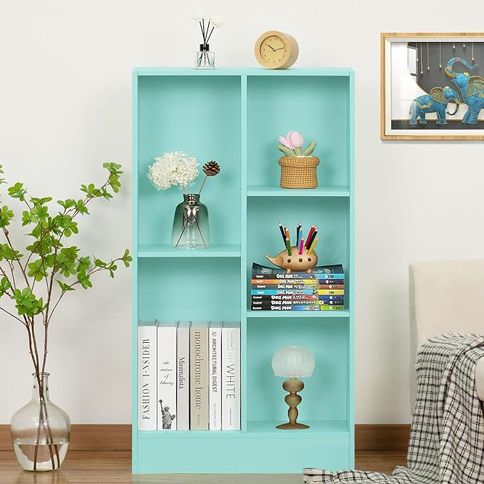 LEYAOYAO 5 Cube Bookshelf with Base,3 Tier Modern Mint-Green Kids Bookcase,Standing Wide Bookshelves Storage Organizer Toy Shelf,Wood Display Children's Book Shelves for Bedroom,Living Room,Nursery
