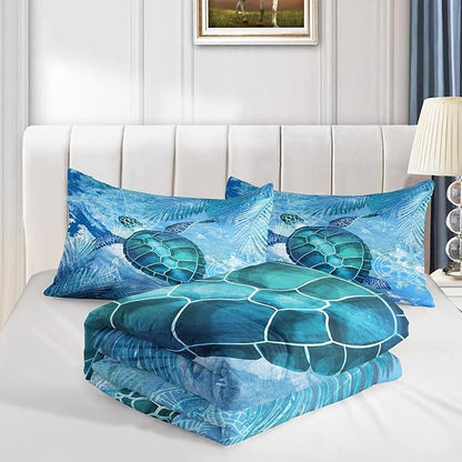 CVHOUSE Sea Turtle Bedding Set,Sea Turtle Comforter King,Ocean Bohemia Comforter Set for Boys Kids Girls,Ocean Quilt Set with 1 Comforter and 2 Pillow Cases
