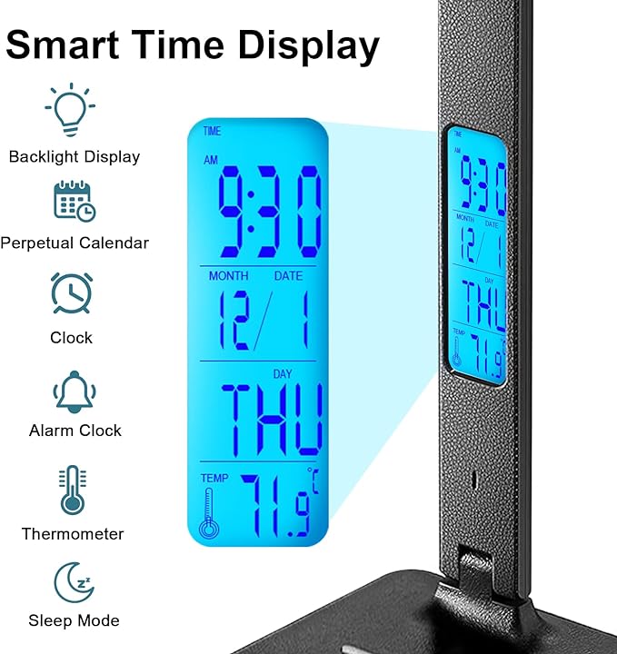 LAOPAO LED Desk Lamp with Wireless Charger, USB Charging Port, Adjustable & Foldable with Clock, Alarm, Date, Temperature, 5-Level Dimmable Lighting, for Office with Adapter