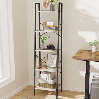 Ladder Shelf, Bookshelf Bookcase, Freestanding Corner Storage Shelve with 2 Hooks for Home Office, Living Room, Kitchen, Bedroom, Industrial, 5-Tier Greige BC19205B