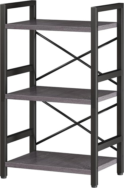 Bookshelf, 3 Tier Industrial Bookcase, Metal Small Bookcase, Rustic Etagere Book Shelf Storage Organizer for Living Room, Bedroom, and Home Office(Grey) Patent Pending D29873033