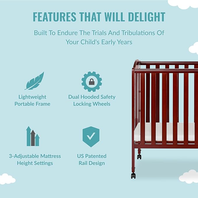 Dream On Me 3 in 1 Portable Folding Stationary Side Crib in Cherry, Greenguard Gold Certified, Safety Wheel with Locking Casters, Convertible, 3 Mattress Heights