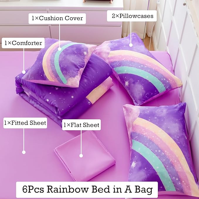 Purple Rainbow Girls Comforter Set Twin, 6 Pieces Gradient Glitter Bedding Sets for Girls Kids, 3D Galaxy Nebula Kids Girls Bed Set with Sheets for All Season