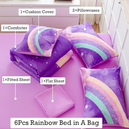 Purple Rainbow Girls Comforter Set Twin, 6 Pieces Gradient Glitter Bedding Sets for Girls Kids, 3D Galaxy Nebula Kids Girls Bed Set with Sheets for All Season