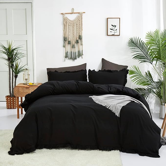 Black Ruffled Comforter Set Cal King Size Bedding Set Women Black Ruffles Blanket Men California King Ruffled Comforter Farmhouse Ruffle Fringe Design Girls 3 PCs Black Ruffled Bedding Set