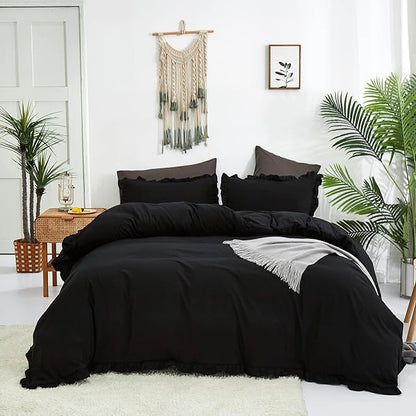 Black Ruffled Comforter Set Cal King Size Bedding Set Women Black Ruffles Blanket Men California King Ruffled Comforter Farmhouse Ruffle Fringe Design Girls 3 PCs Black Ruffled Bedding Set
