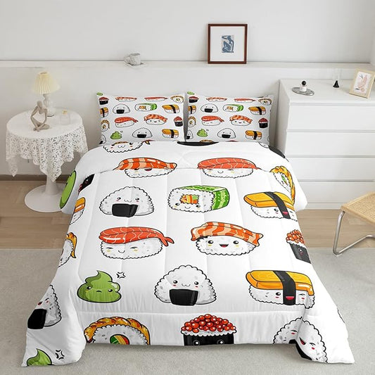 Sushi Pattern Comforter Set Japanese-Style Bedding Set for Kids Boys Girls Teens Food Theme Comforter Cute Cartoon Japanese Sushi Duvet Set Room Decor Quilt Set Full Size Microfiber