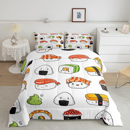 Sushi Pattern Comforter Set Japanese-Style Bedding Set for Kids Boys Girls Teens Food Theme Comforter Cute Cartoon Japanese Sushi Duvet Set Room Decor Quilt Set Queen Size Microfiber