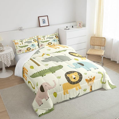 Feelyou Nursery Cute Wild Animals Bedding Set for Girls Boys Child Kids Cartoon Lion Giraffe Crocodile Comforter Decor Nature Wildlife Comforter Set Zoo Animal Duvet Set King Size Quilt Boys