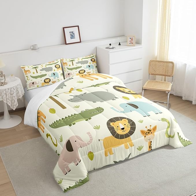 Feelyou Nursery Cute Wild Animals Bedding Set for Girls Boys Child Kids Cartoon Lion Giraffe Crocodile Comforter Decor Nature Wildlife Comforter Set Zoo Animal Theme Duvet Set Twin Size Quilt Set