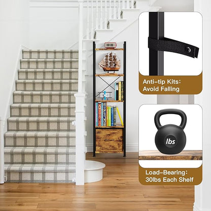 Narrow-Bookshelf-With-Storage-Drawer, 5-Tier Small Standing Book Shelf Organizer For Small Space, Tall Thin Bookcase Shelf For Bedroom Living Room Office, Wooden Shelving Unit Rack For Display