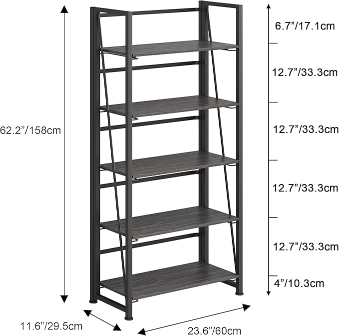 No-Assembly Folding Bookshelf Storage Shelves 5 Tiers Vintage Multifunctional Plant Flower Stand Storage Rack Shelves Bookcase for Home Office (Gray and Black)