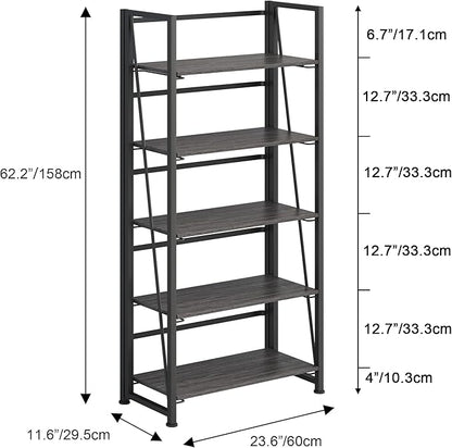 No-Assembly Folding Bookshelf Storage Shelves 5 Tiers Vintage Multifunctional Plant Flower Stand Storage Rack Shelves Bookcase for Home Office (Gray and Black)