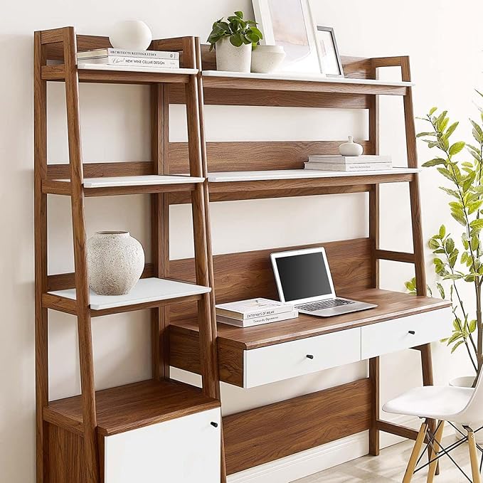 Modway Bixby 2-Piece Home Office Desk and Bookshelf Display Case in Walnut White
