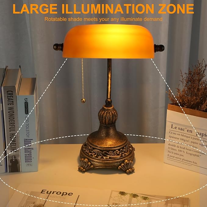 Bankers Lamp with Pull Switch, Amber Glass Desk Lamp with Retro Black/Gold Finish, Vintage Table Lamps for Living Room, Home Office, Library, Piano LED Bulb Included (Amber)