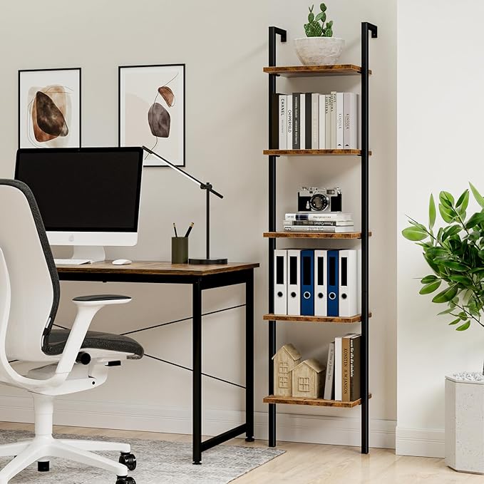 NUMENN Industrial Ladder Shelf, 5 Tier Book Shelf, Open Space Wall Mount Bookshelf with Metal Frame, Sturdy Book Shelves, Bookcase for Living Room, Vintage Brown