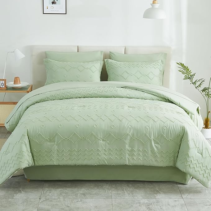 EMME Twin Comforter Set - 5 Pcs Sage Green Boho Bedding Sets, Tufted Comforter with Sheets, Shabby Chic Embroidery Twin Bed Set Fluffy Bed Bag for All Season(68"X90")