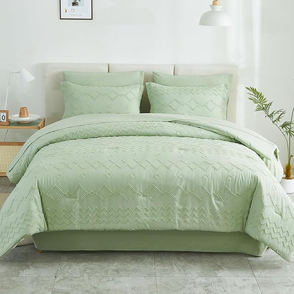 EMME Twin Comforter Set - 5 Pcs Sage Green Boho Bedding Sets, Tufted Comforter with Sheets, Shabby Chic Embroidery Twin Bed Set Fluffy Bed Bag for All Season(68"X90")