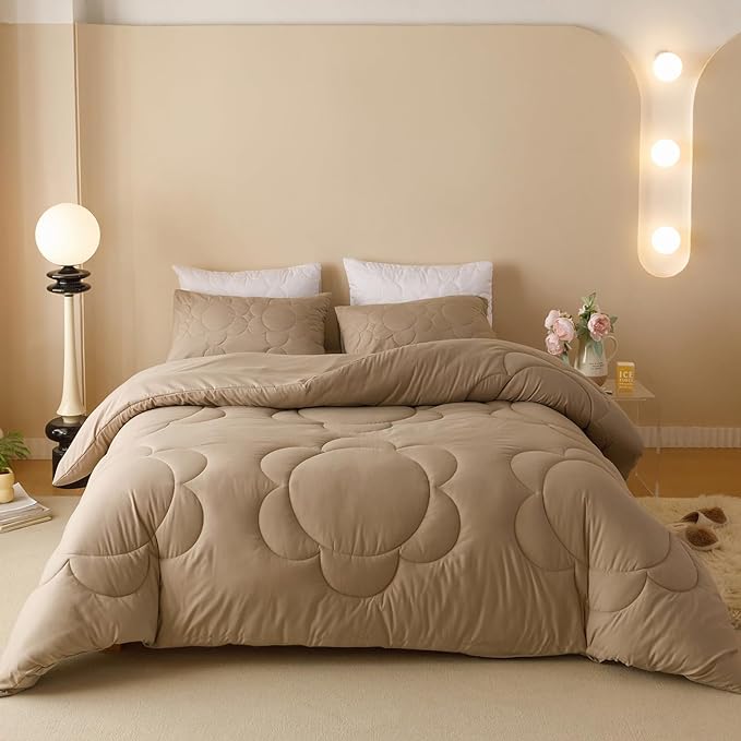 Champagne Flower Comforter Full Champagne Sunflower Print Bed Full Comforter Set 3 Pieces Champagne Floral Comforter Set for Boys Girls Teens Bedroom Decor All Season Hotel Quality Comforter
